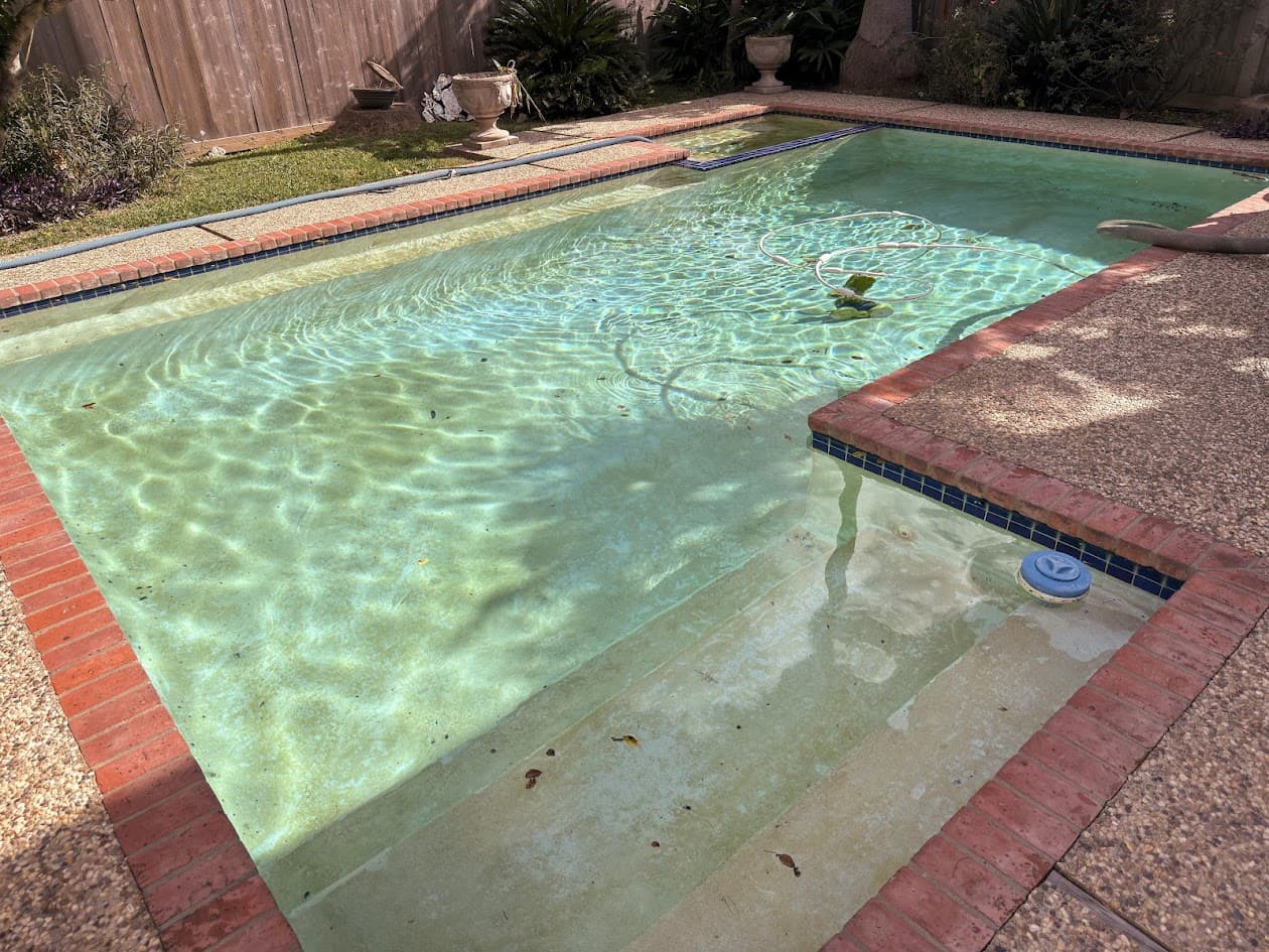 Pool before renovation, worn green surface and dated brick coping