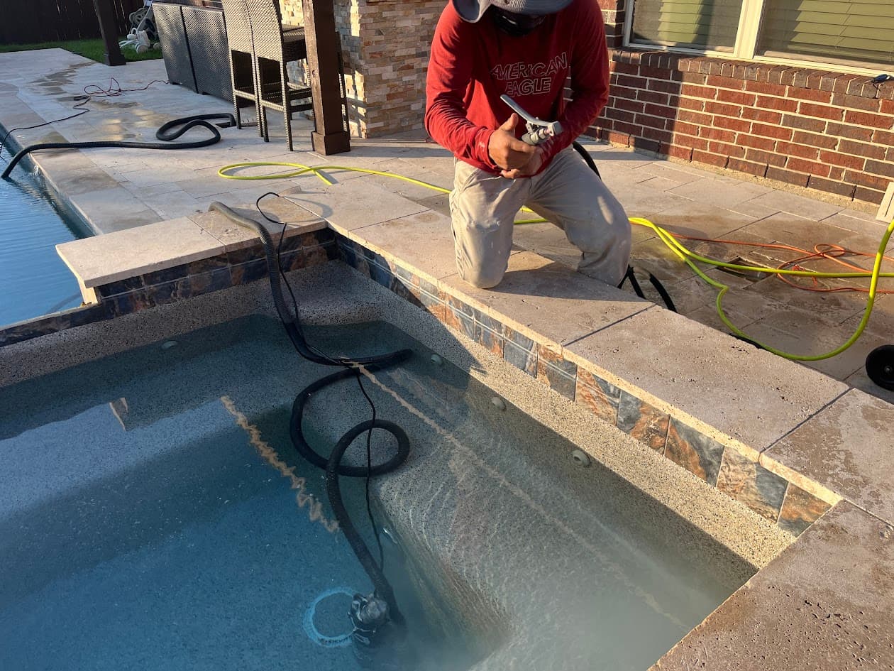 Blue Pool Tile Renovation, Sand Blasting Process, Katy TX, CHR Builder Sandblasting project in Katy, TX
