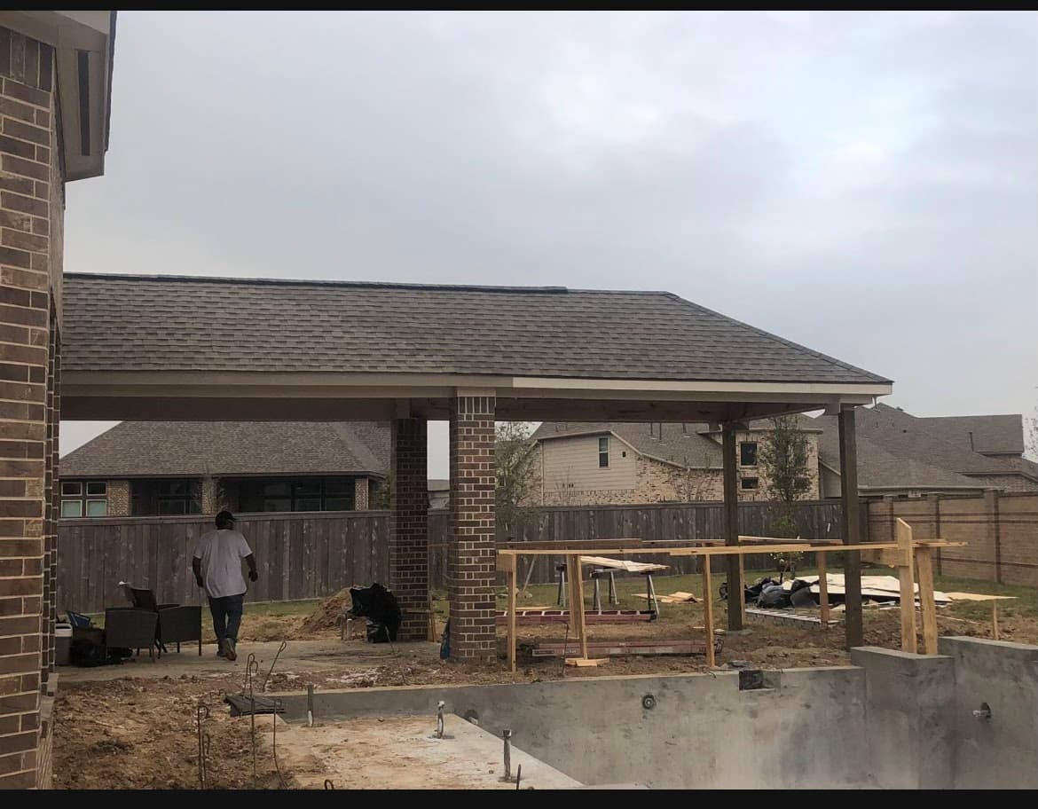Cover Patio Three Side, Four Columns with Deck Extension, CHR Builder Cover Patio & Landscaping project in Katy/Houston area, TX