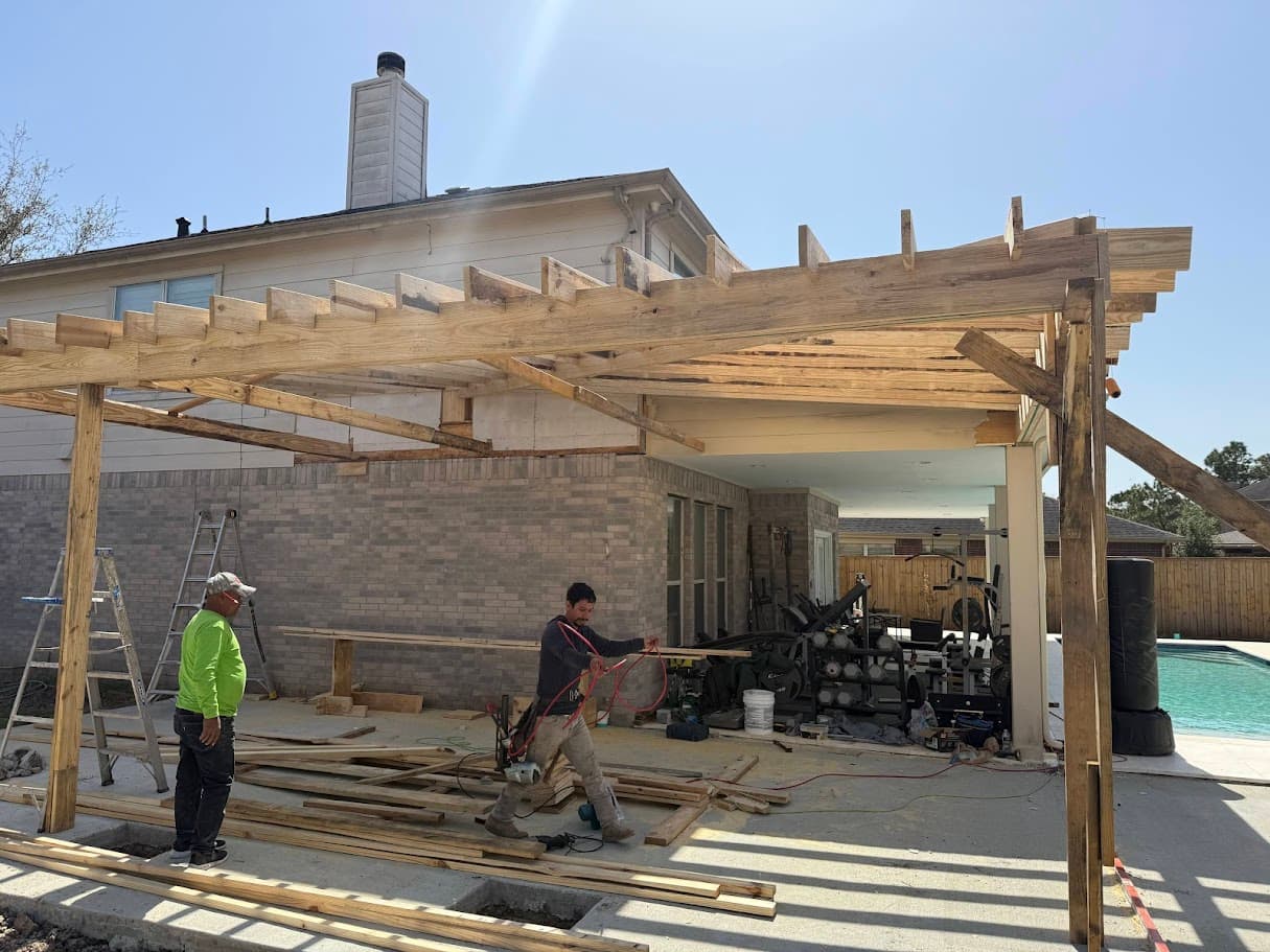 Covered Patio Attached to House, Concrete Deck with Pavers, CHR Builder Cover Patio & Landscaping project in Katy/Houston area, TX