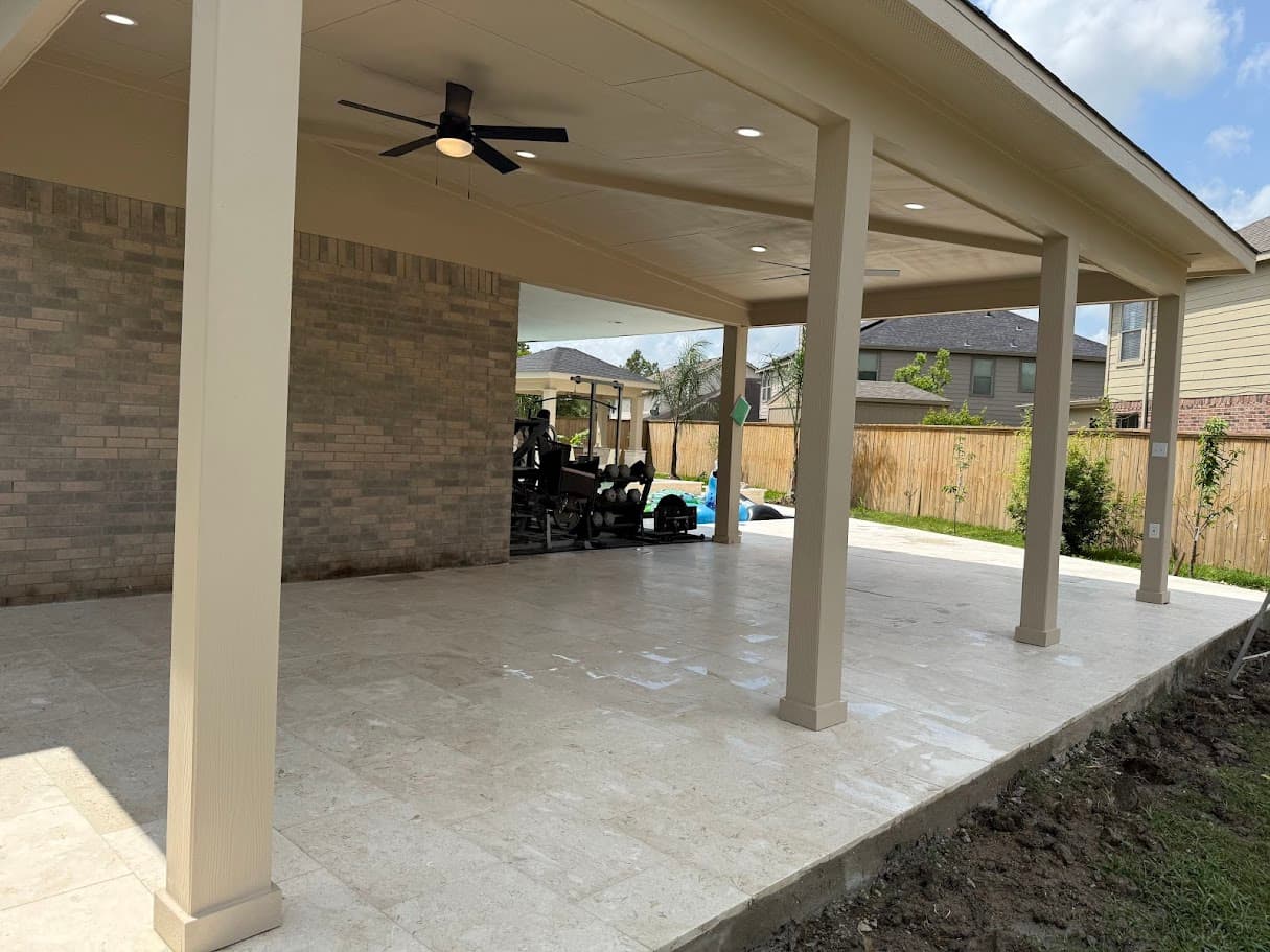 Covered Patio Attached to House, Concrete Deck with Pavers, CHR Builder Cover Patio & Landscaping project in Katy/Houston area, TX
