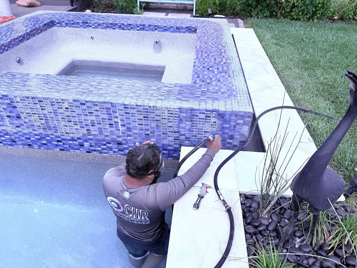 Pool Sandblasting, Calcium and Stain Removal for Like-New Finish, CHR Builder Sandblasting project in Houston/Katy, TX