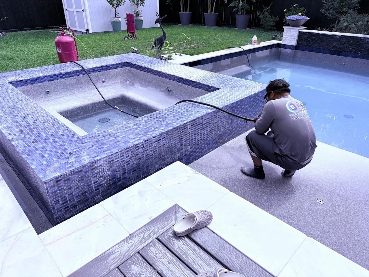 Pool Sandblasting, Calcium and Stain Removal for Like-New Finish, CHR Builder Sandblasting project in Houston/Katy, TX