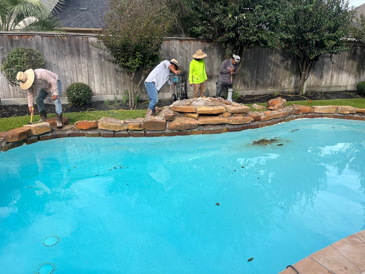 Replaster New Tile Coping Waterfall and Spray Deck, CHR Builder Renovation project in Katy/Houston area, TX