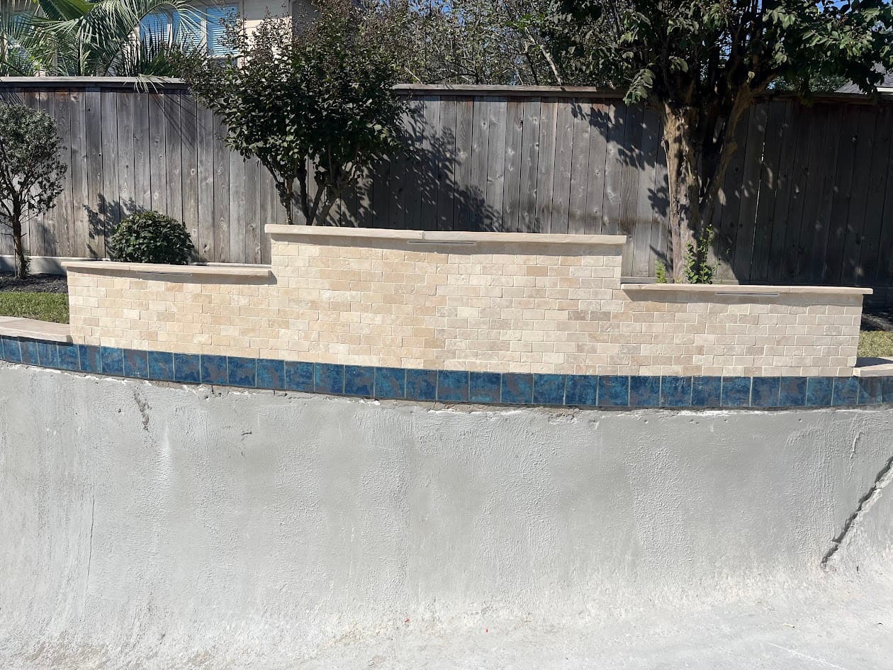 Replaster New Tile Coping Waterfall and Spray Deck, CHR Builder Renovation project in Katy/Houston area, TX