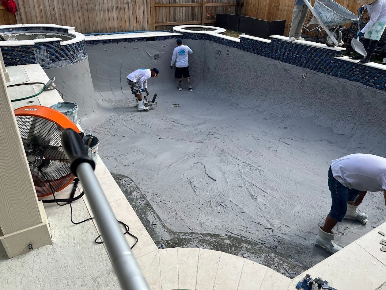 Replaster Pool Leveling New Tile Coping Skimmers and Spray Deck, CHR Builder Renovation project in Katy/Houston area, TX