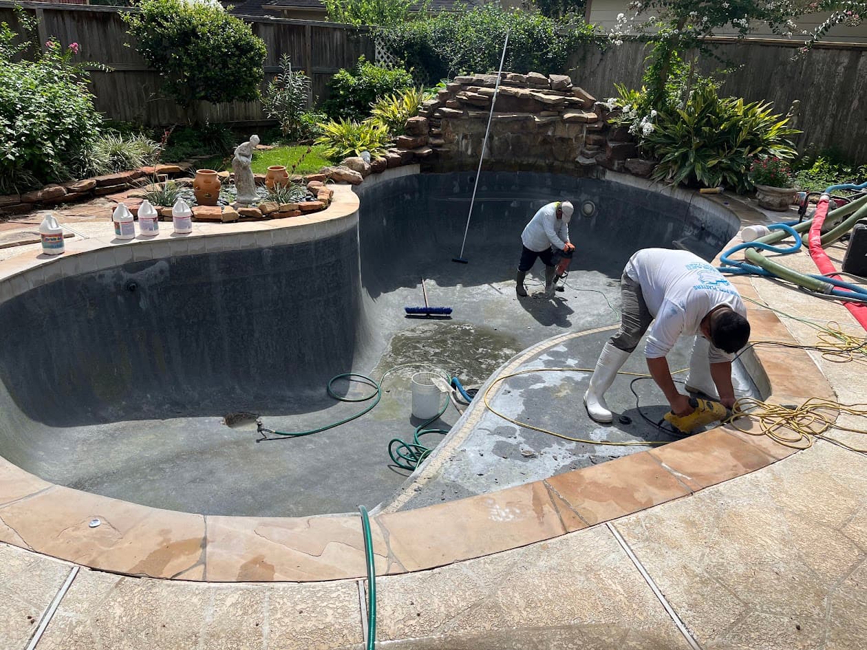 Replaster Tile Waterfall Sandblast and Spray Deck, CHR Builder Renovation project in Katy/Houston area, TX