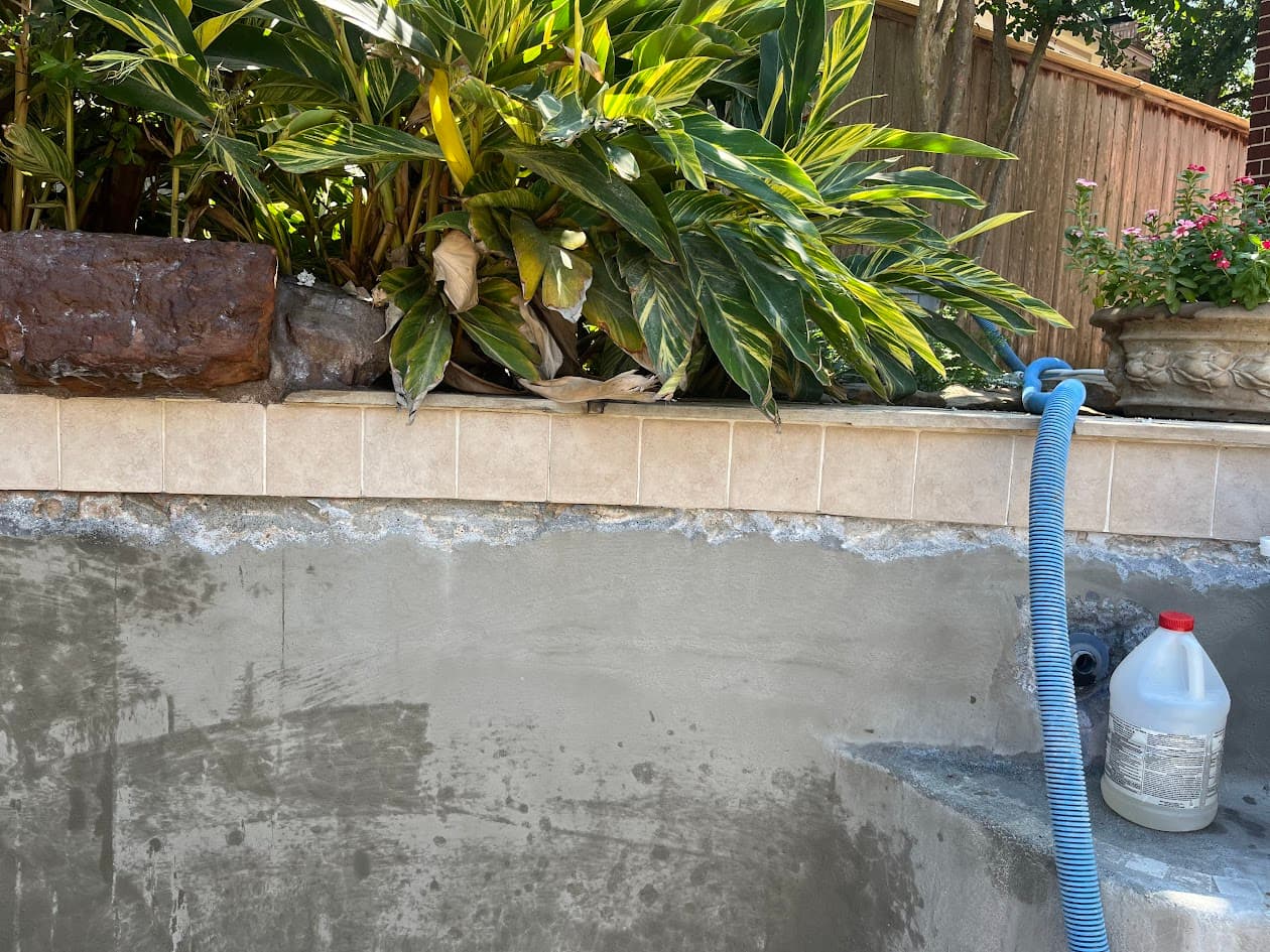 Replaster Tile Waterfall Sandblast and Spray Deck, CHR Builder Renovation project in Katy/Houston area, TX