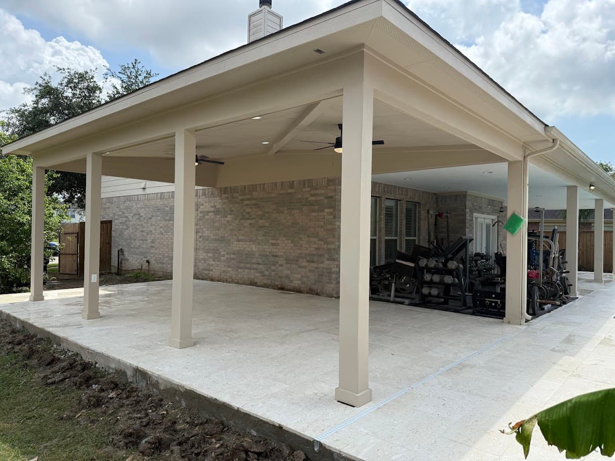 Covered Patio Attached to House, Concrete Deck with Pavers, CHR Builder Cover Patio & Landscaping project in Katy/Houston area, TX