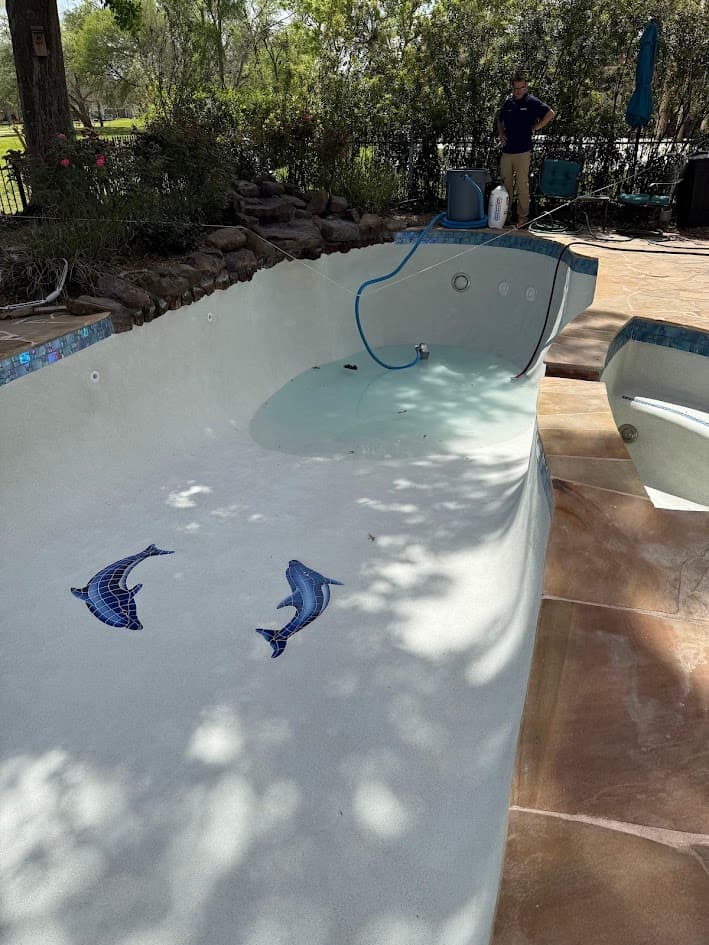 Pool Replaster, QuartzScapes Mariner Blue and Custom Dolphin Mosaic, CHR Builder Renovation project in Katy/Houston area, TX