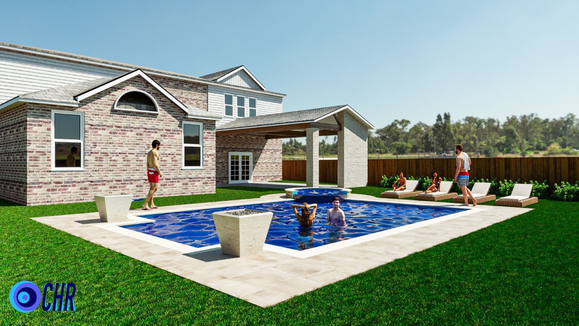 3D rendering of a custom pool design showing layout, decking, and landscaping