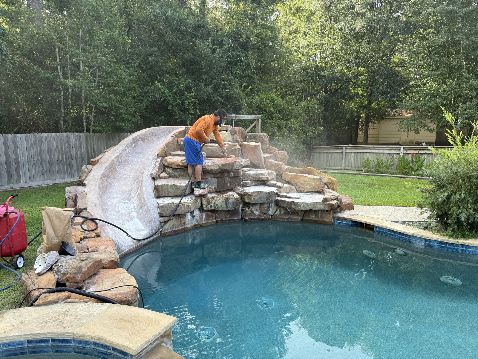 Pool and Spa Replaster With New Tile, Coping, Waterfall, and Fire Bowls