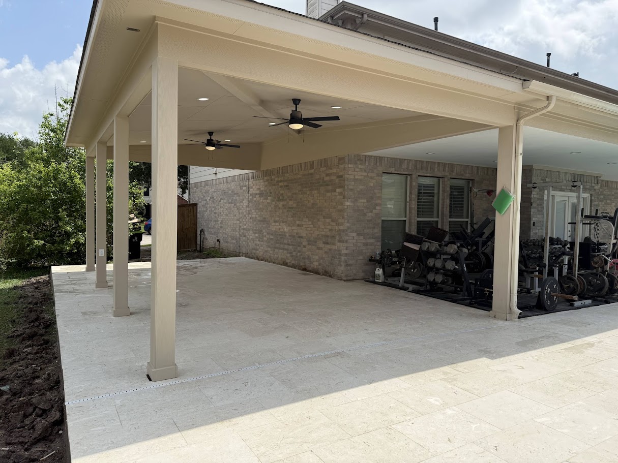 Covered Patio Attached to House, Concrete Deck with Pavers, CHR Builder Cover Patio & Landscaping project in Katy/Houston area, TX
