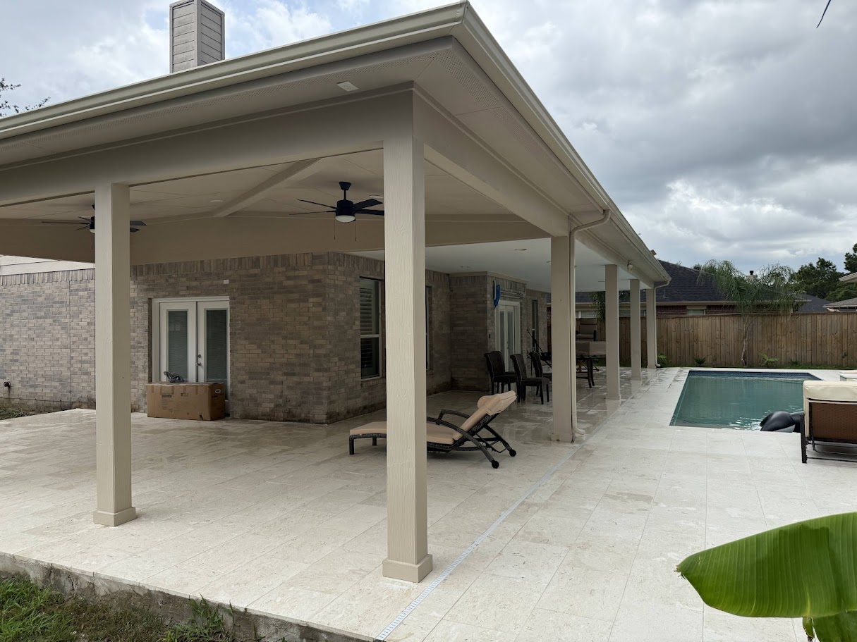 Covered Patio Attached to House, Concrete Deck with Pavers, CHR Builder Cover Patio & Landscaping project in Katy/Houston area, TX