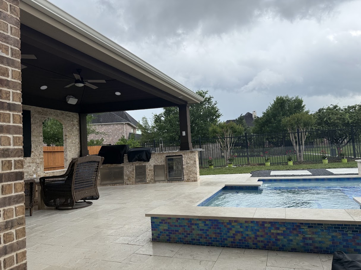 Covered Patio with Outdoor Kitchen Grill Granite and Decorative Wall, CHR Builder Cover Patio & Landscaping project in Katy/Houston area, TX
