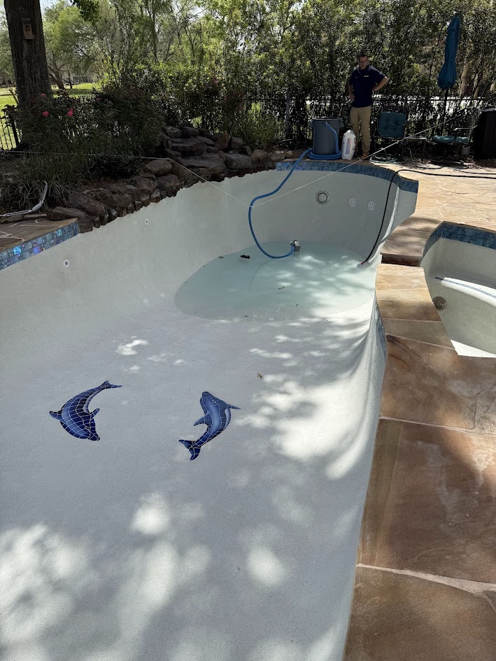 Pool Replaster, QuartzScapes Mariner Blue and Custom Dolphin Mosaic, CHR Builder Renovation project in Katy/Houston area, TX