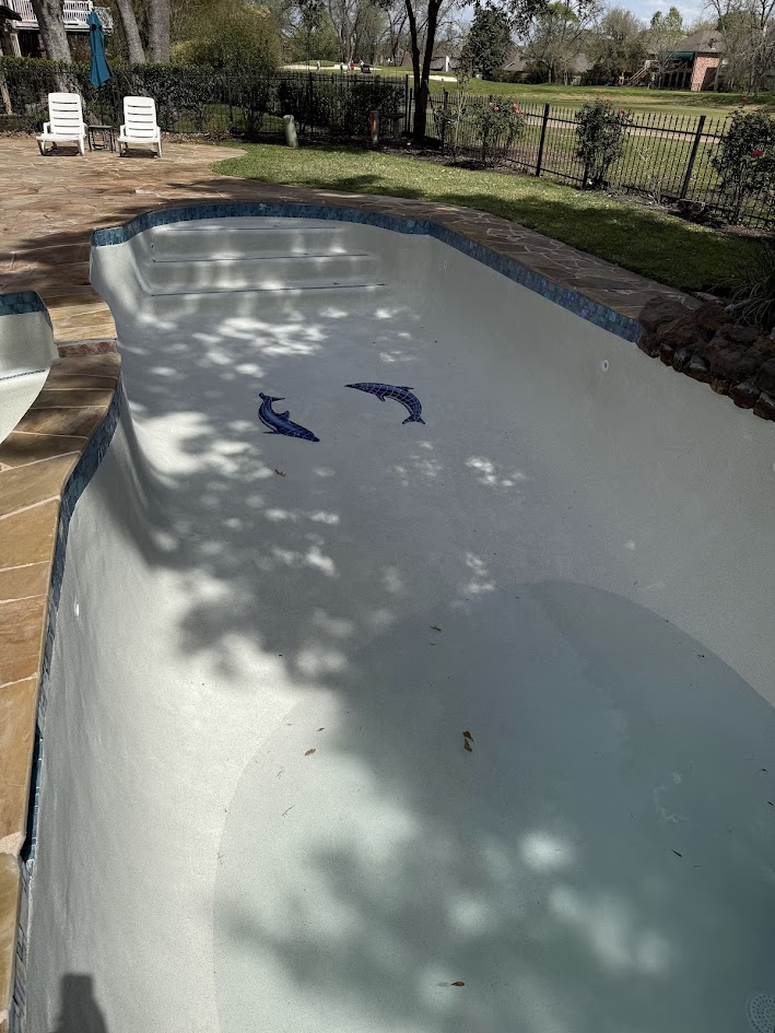 Pool Replaster, QuartzScapes Mariner Blue and Custom Dolphin Mosaic, CHR Builder Renovation project in Katy/Houston area, TX