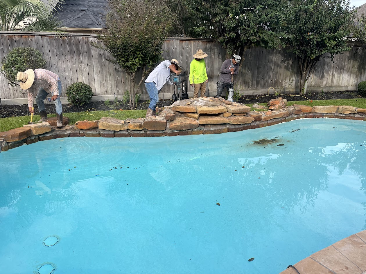 Replaster New Tile Coping Waterfall and Spray Deck, CHR Builder Renovation project in Katy/Houston area, TX
