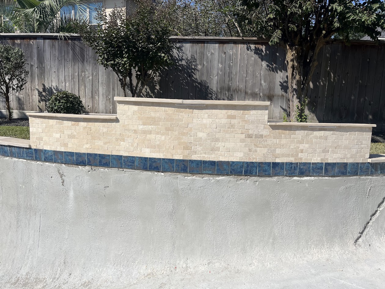 Replaster New Tile Coping Waterfall and Spray Deck, CHR Builder Renovation project in Katy/Houston area, TX