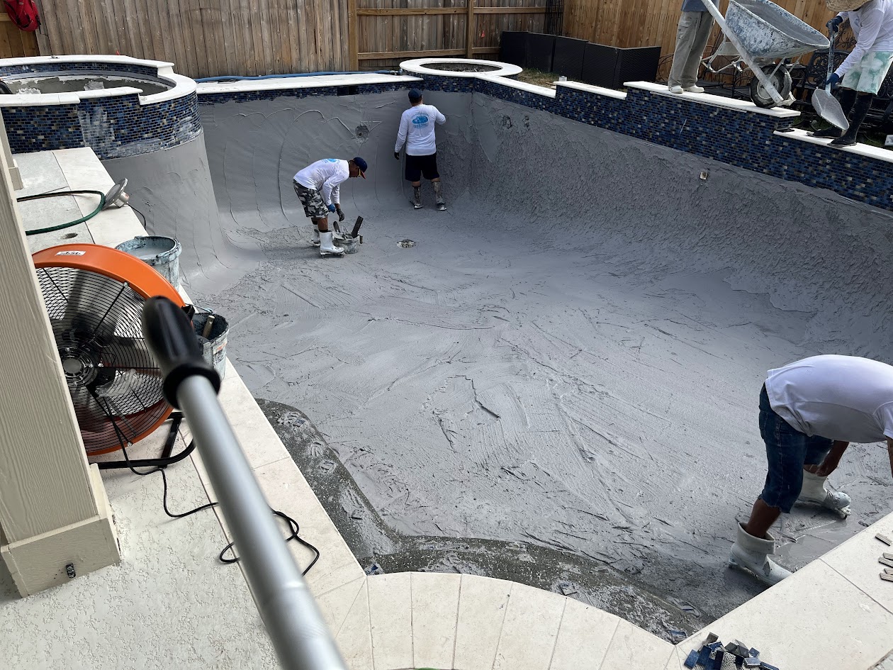 Replaster Pool Leveling New Tile Coping Skimmers and Spray Deck, CHR Builder Renovation project in Katy/Houston area, TX
