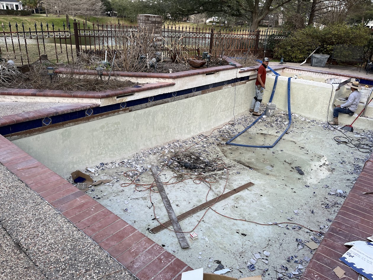 Replaster and New Tile, QuartzScapes Tahoe Blue, CHR Builder Renovation project in Katy/Houston area, TX