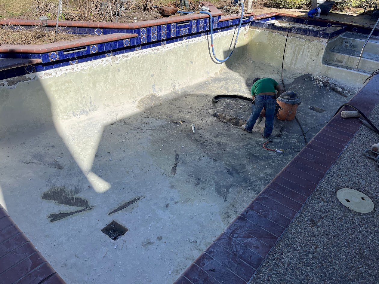 Replaster and New Tile, QuartzScapes Tahoe Blue, CHR Builder Renovation project in Katy/Houston area, TX