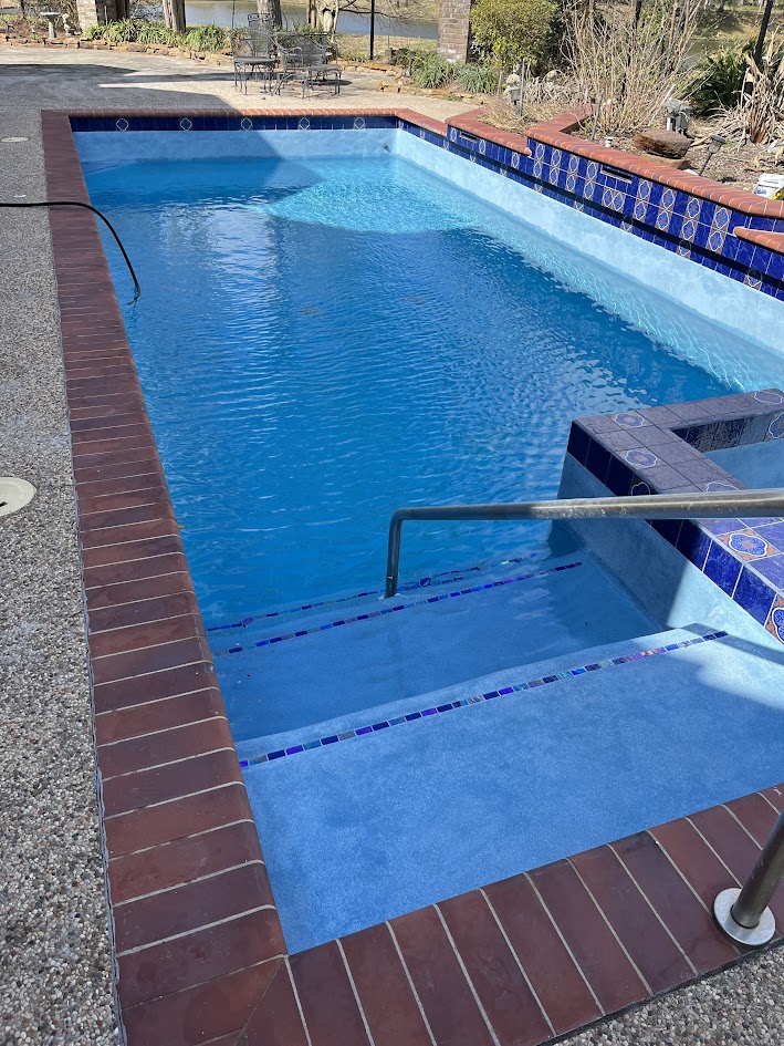Replaster and New Tile, QuartzScapes Tahoe Blue, CHR Builder Renovation project in Katy/Houston area, TX