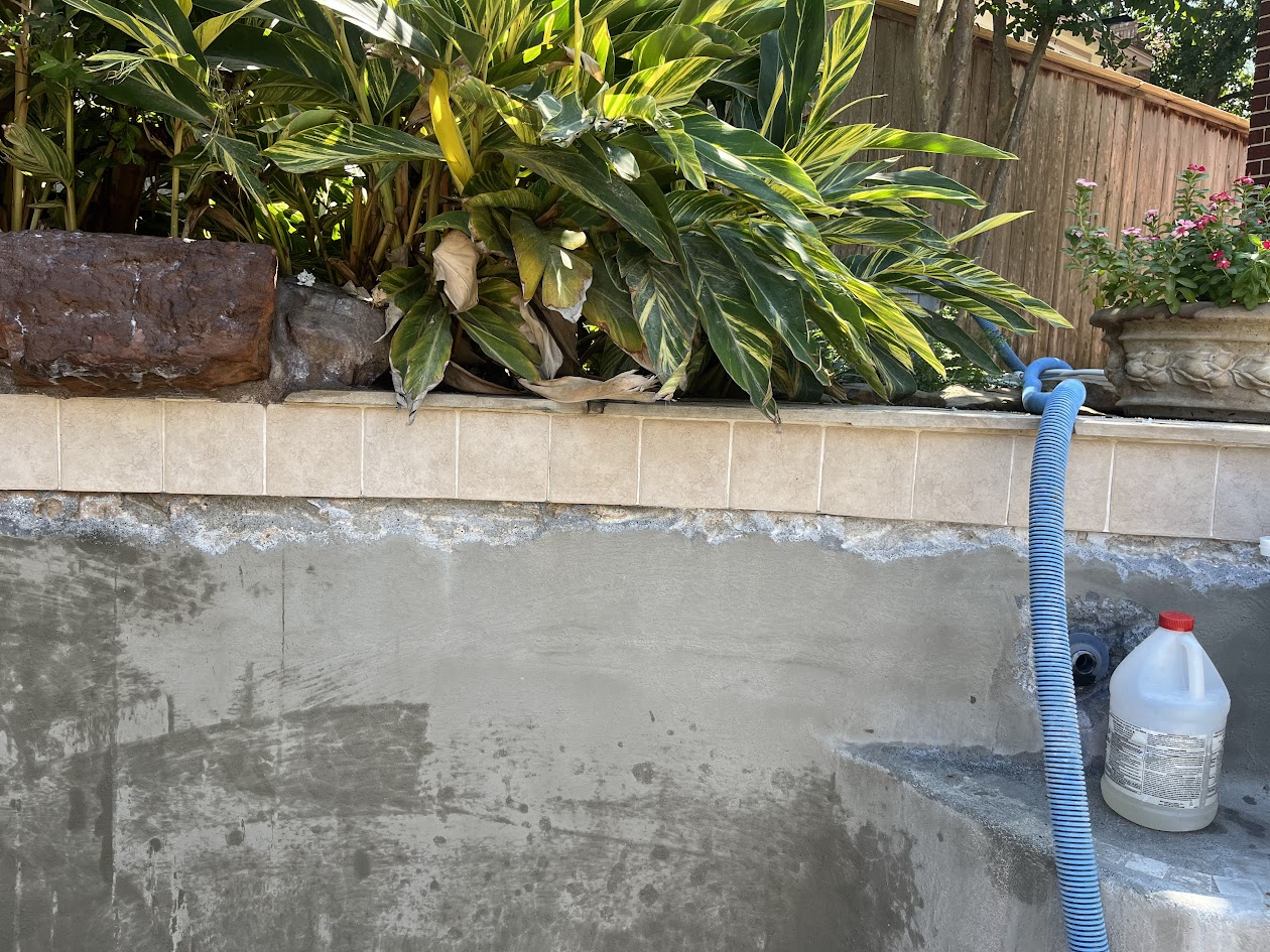 Replaster Tile Waterfall Sandblast and Spray Deck, CHR Builder Renovation project in Katy/Houston area, TX