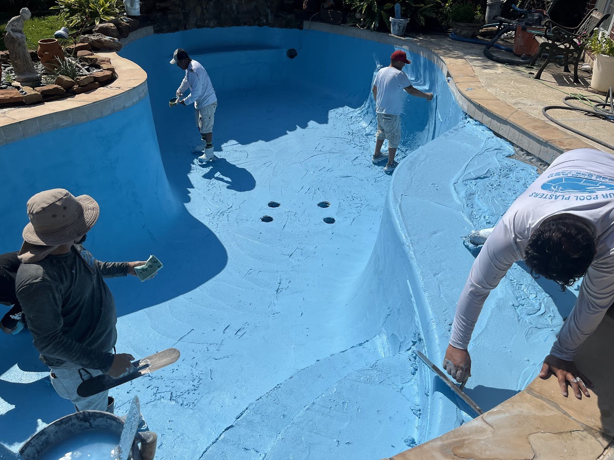 Replaster Tile Waterfall Sandblast and Spray Deck, CHR Builder Renovation project in Katy/Houston area, TX