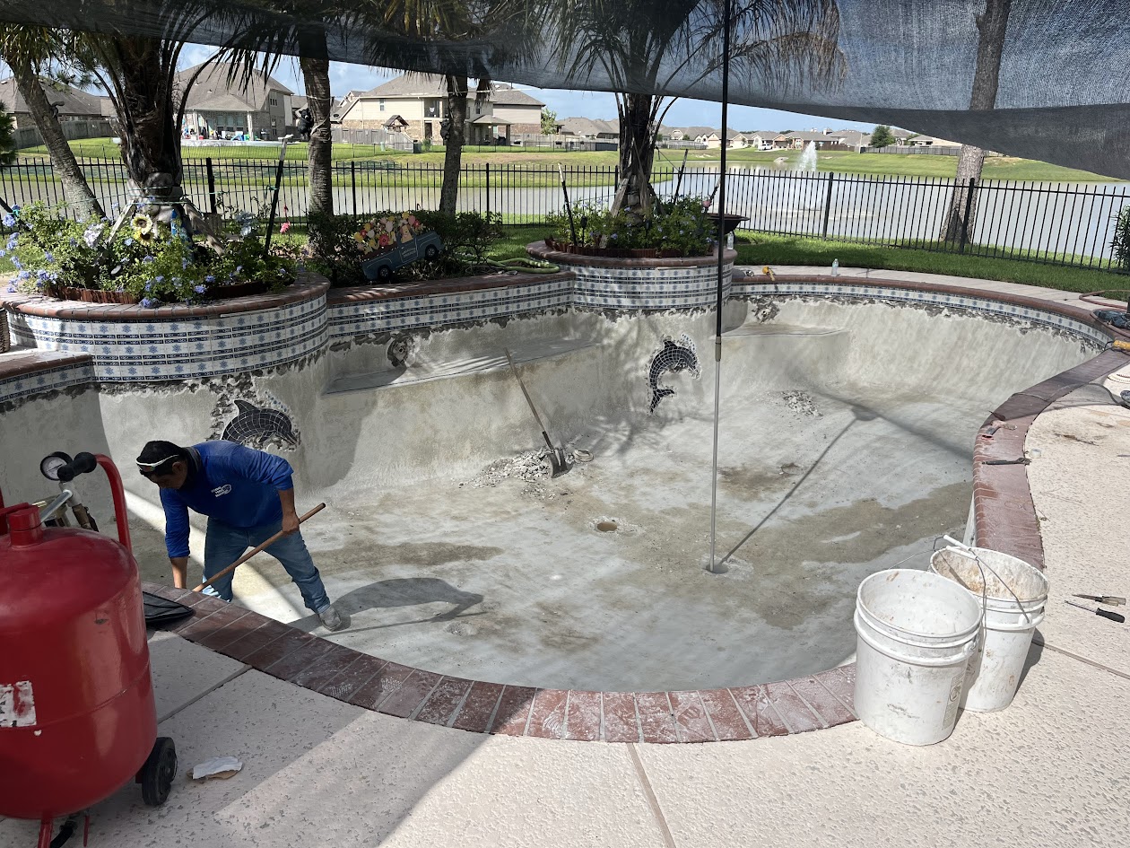 Transforming Vintage Pool Tiles with Sand Blasting, CHR Builder Sandblasting project in Katy/Houston area, TX